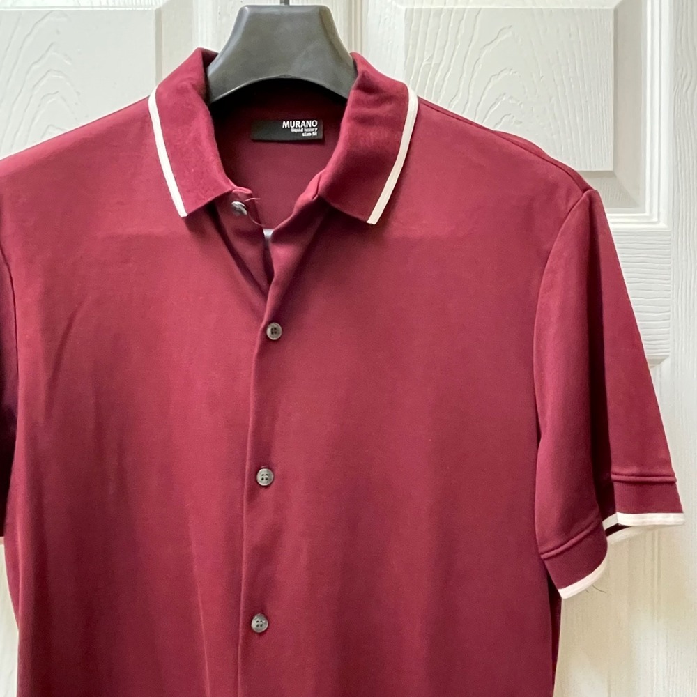 Murano Liquid Luxury Men's M Button Front Polo Shirt Slim‎ Fit Tipped Stripe Hem
